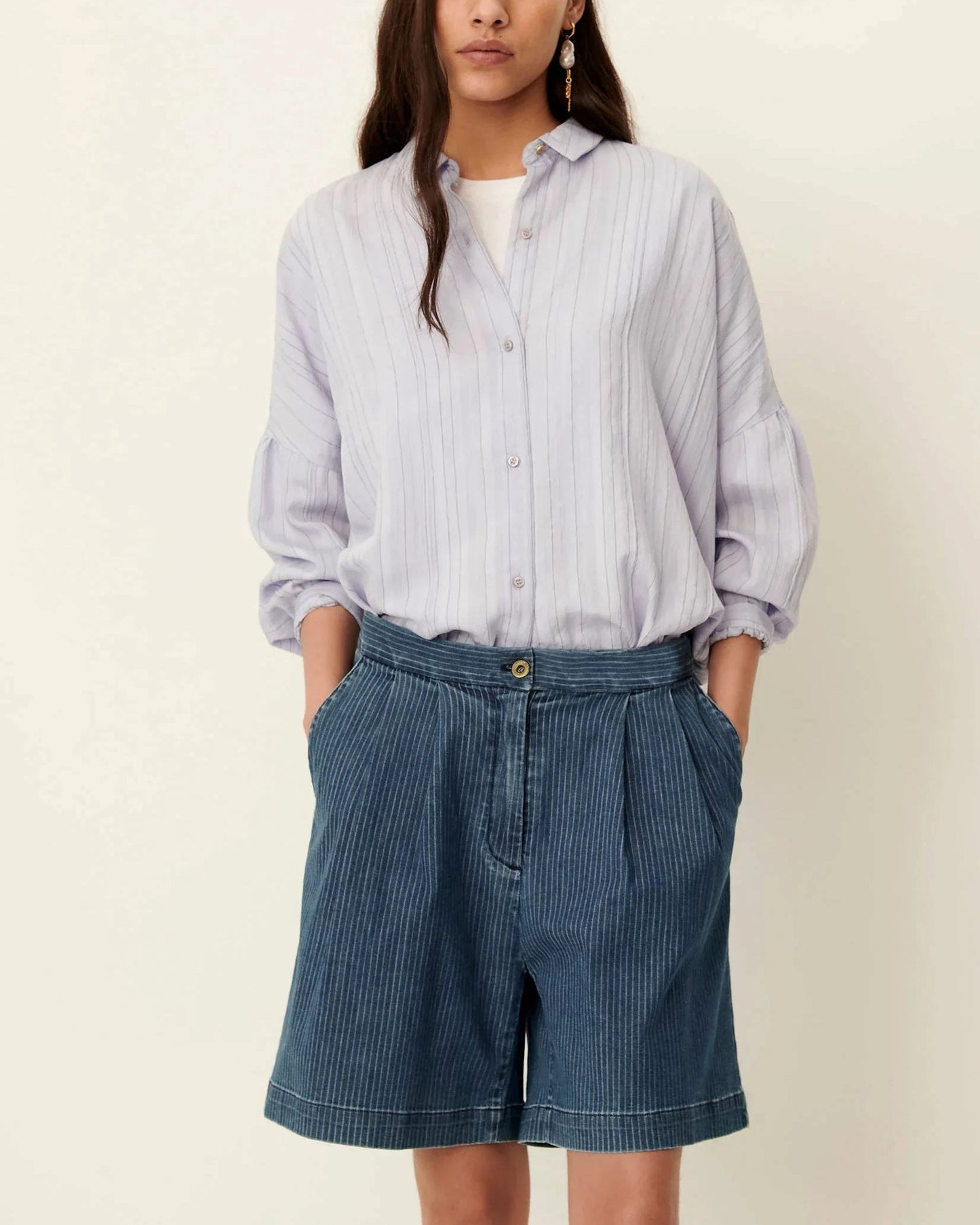 Sessun | Pleated Denim Twill Bermuda Shorts - Indigo Blue Regate-Blue