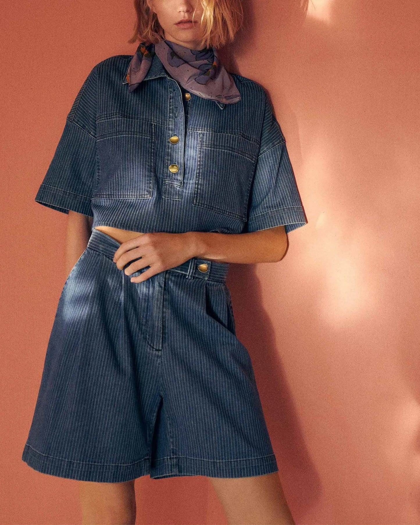 Sessun | Pleated Denim Twill Bermuda Shorts - Indigo Blue Regate-Blue