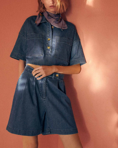 Sessun | Pleated Denim Twill Bermuda Shorts - Indigo Blue Regate-Blue