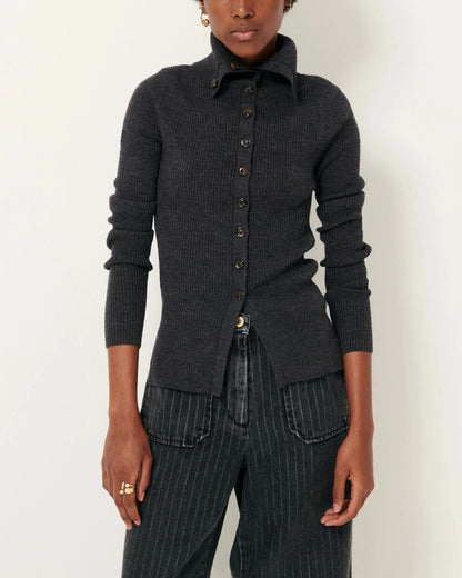 Sessun | Shimoteka High-Neck Cardigan - Merino Wool Rib Knit Graffit