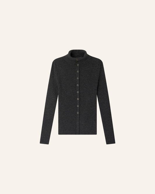 Sessun | Shimoteka High-Neck Cardigan - Merino Wool Rib Knit Graffit