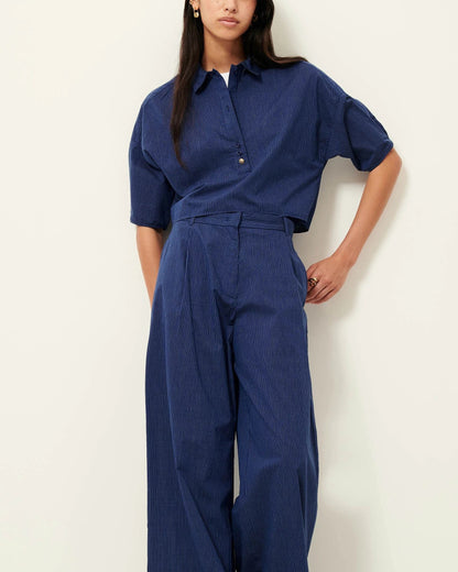 SESSUN | Cropped Striped Poplin Polo Shirt - Navy Blue
