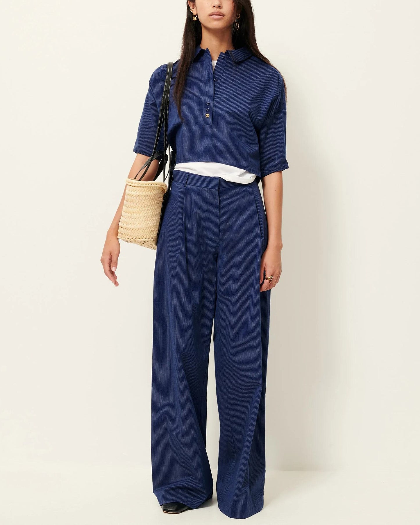 SESSUN | Cropped Striped Poplin Polo Shirt - Navy Blue