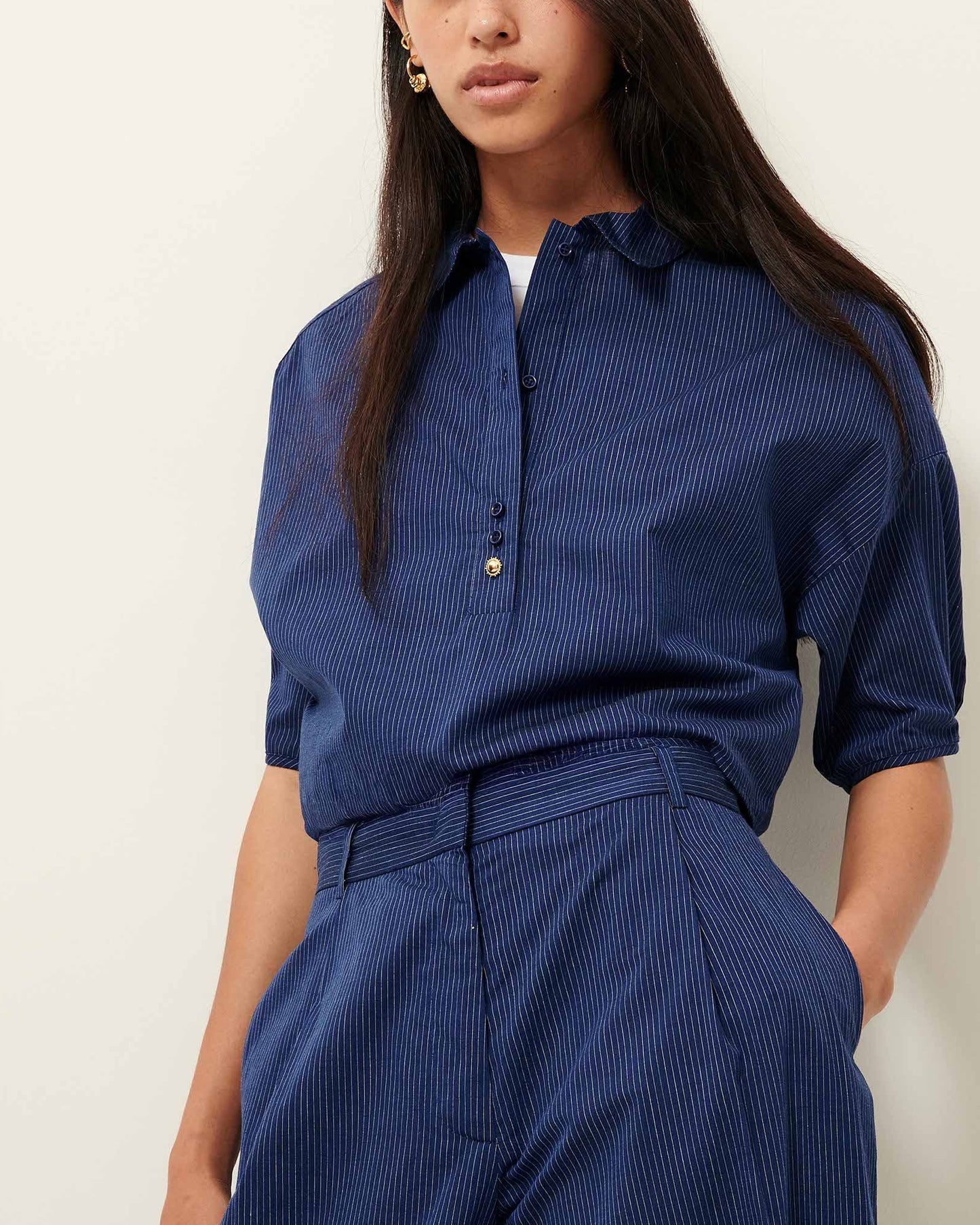 SESSUN | Cropped Striped Poplin Polo Shirt - Navy Blue
