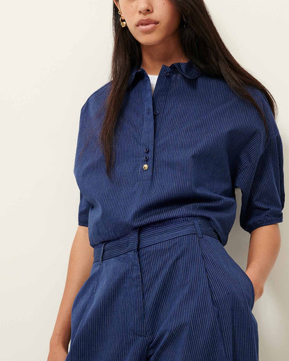 SESSUN | Cropped Striped Poplin Polo Shirt - Navy Blue