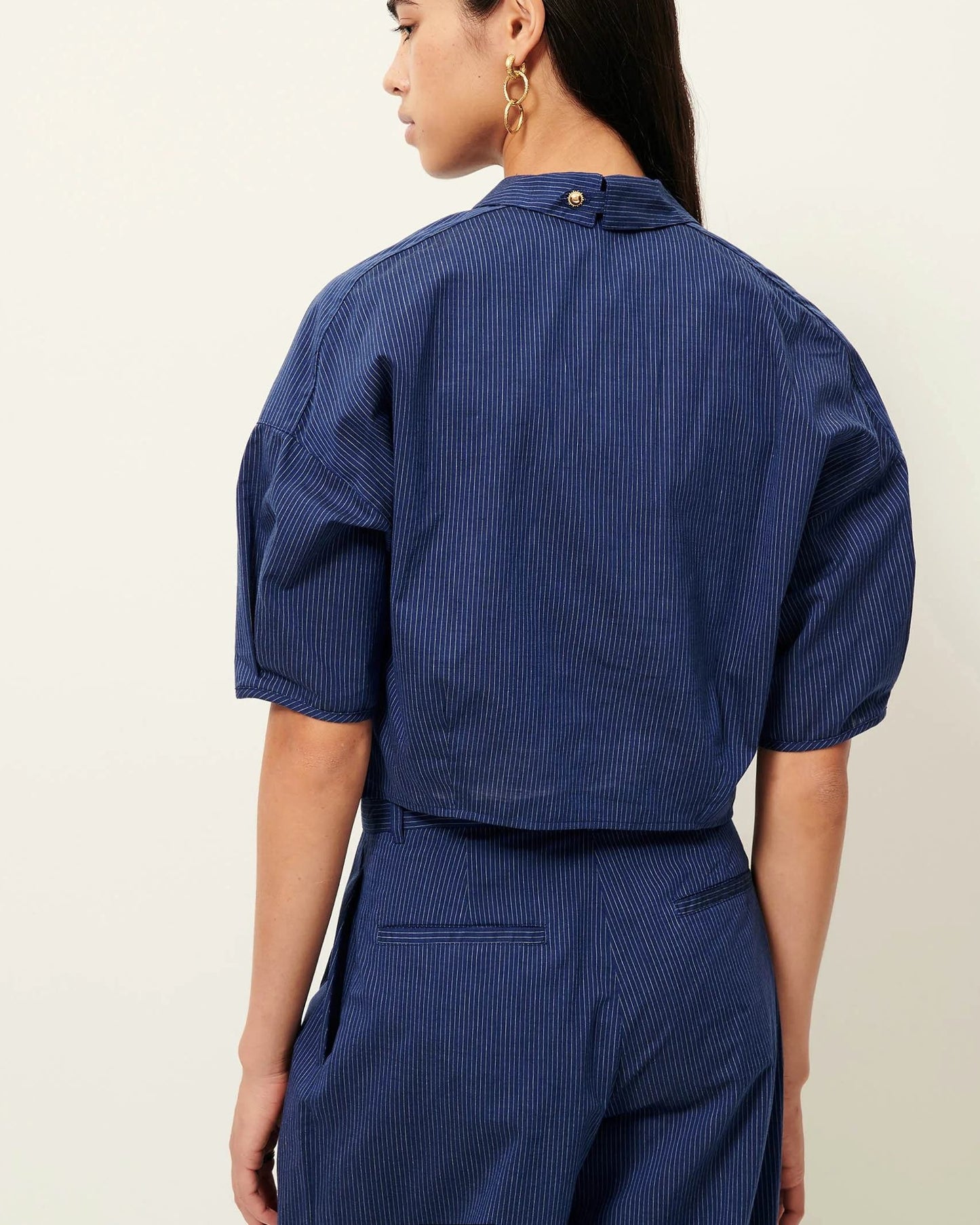SESSUN | Cropped Striped Poplin Polo Shirt - Navy Blue