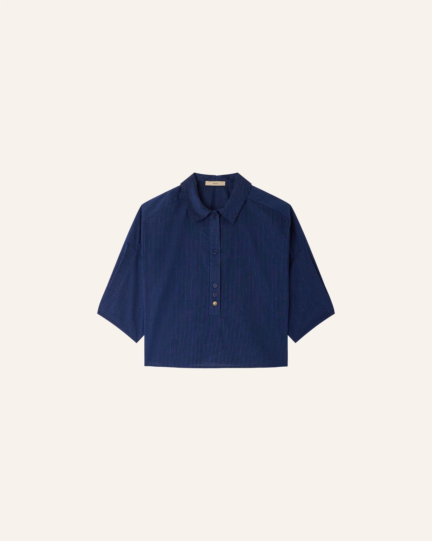 SESSUN | Cropped Striped Poplin Polo Shirt - Navy Blue