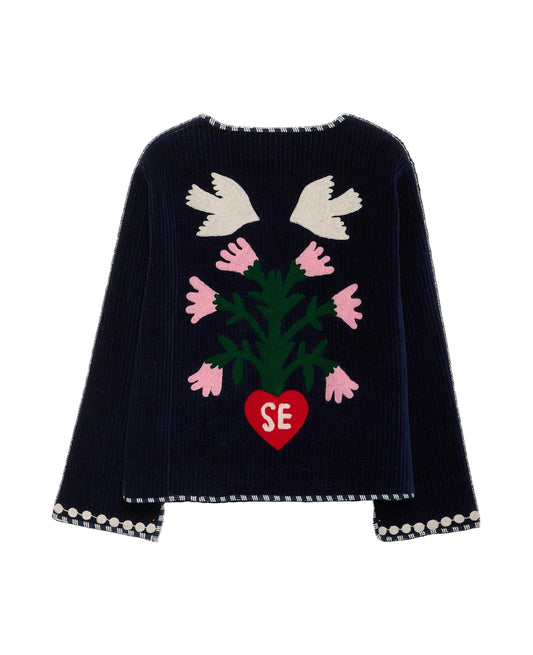 Navy blue sweater with floral design and 'SE' heart on a black background