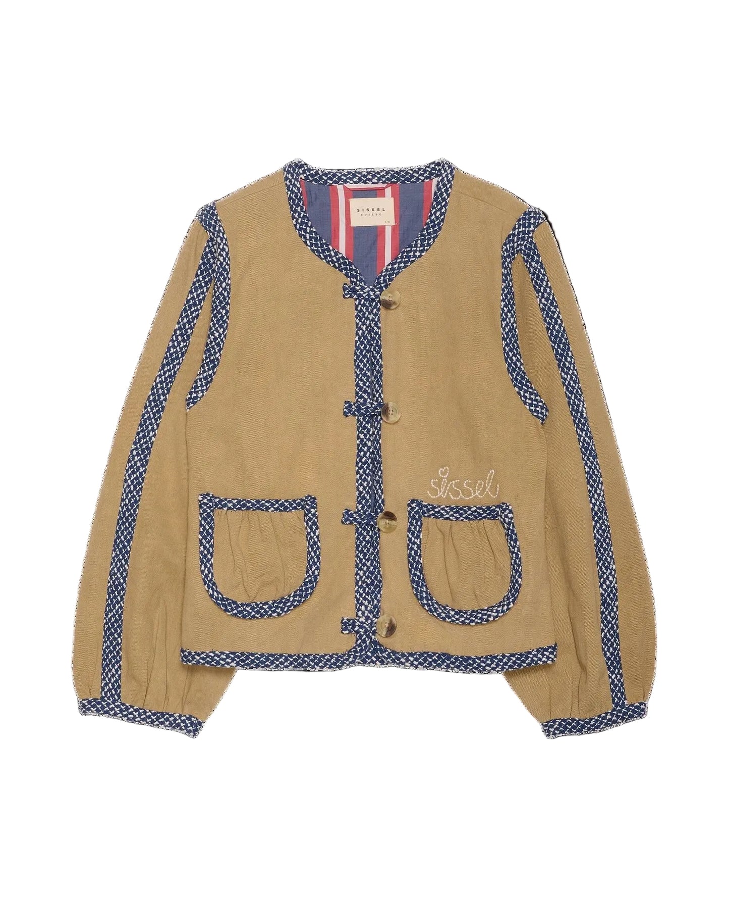 Beige jacket with blue accents and a visible brand logo on a black background