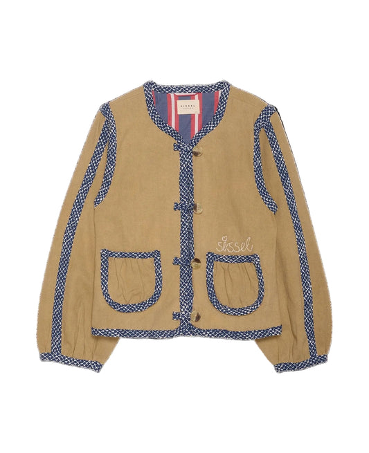 Beige jacket with blue accents and a visible brand logo on a black background