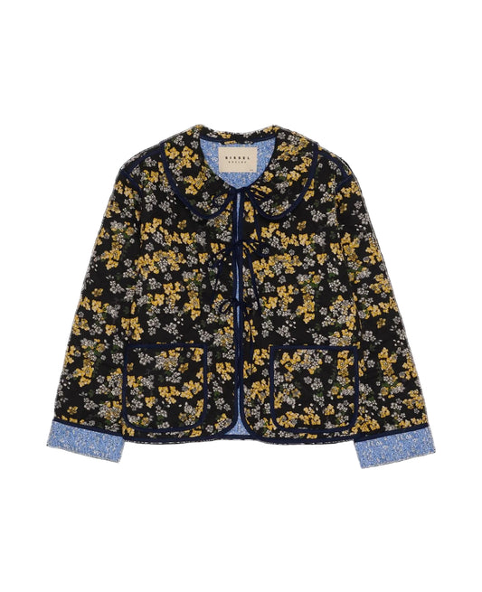 Floral patterned jacket with brand label on a black background