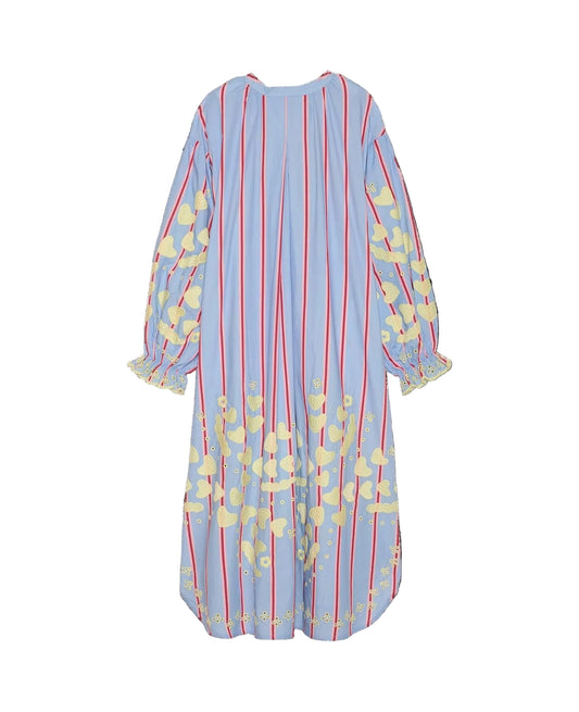 Light blue dress with yellow floral patterns and red vertical stripes on a black background