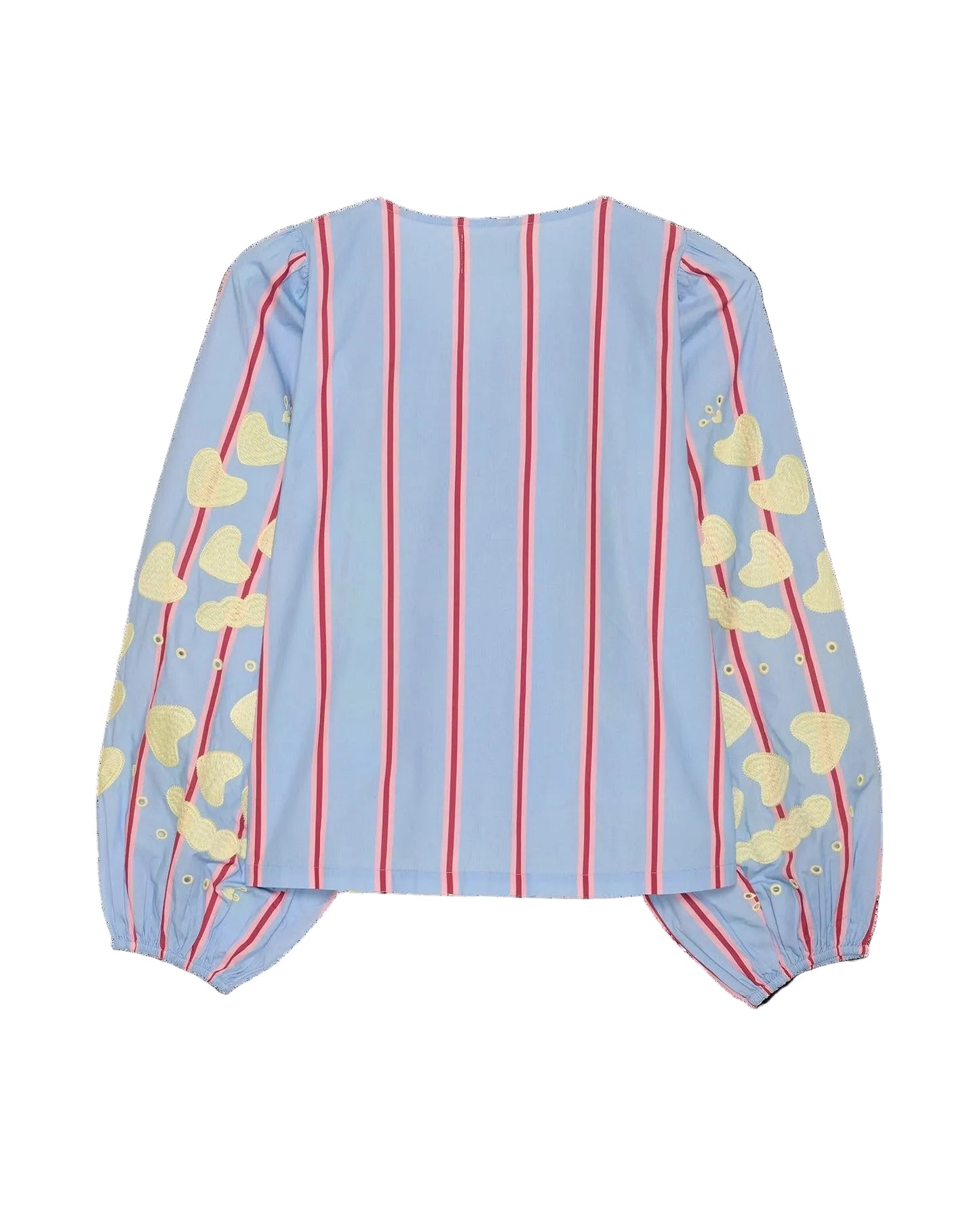 Light blue blouse with red stripes and yellow cloud patterns on a black background
