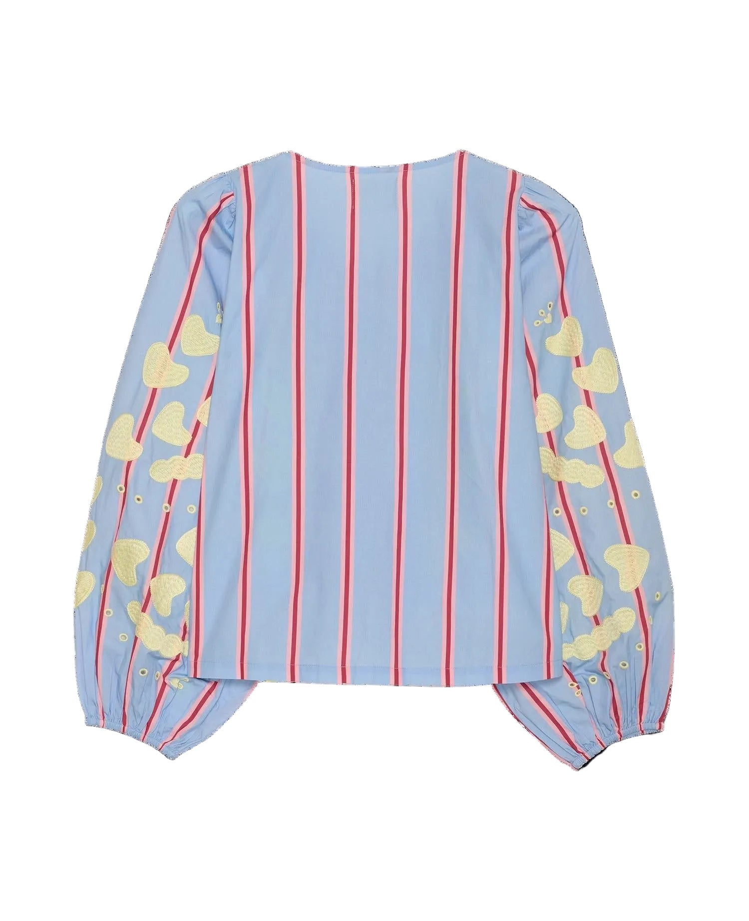 Light blue blouse with red stripes and yellow cloud patterns on a black background