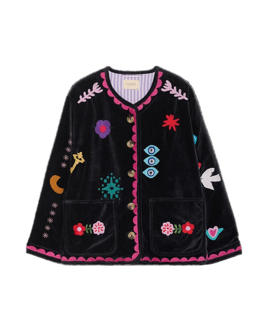 Black velvet cardigan with colorful embroidery on a black background