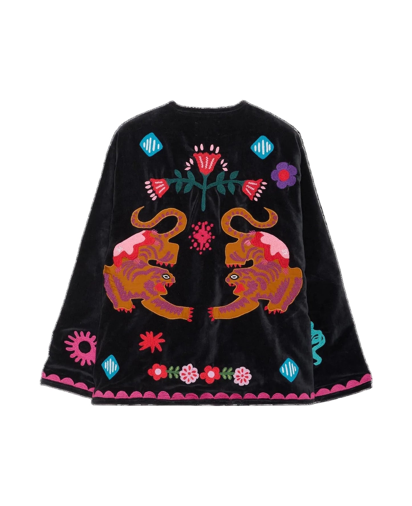 Black jacket with colorful floral and abstract designs on a black background