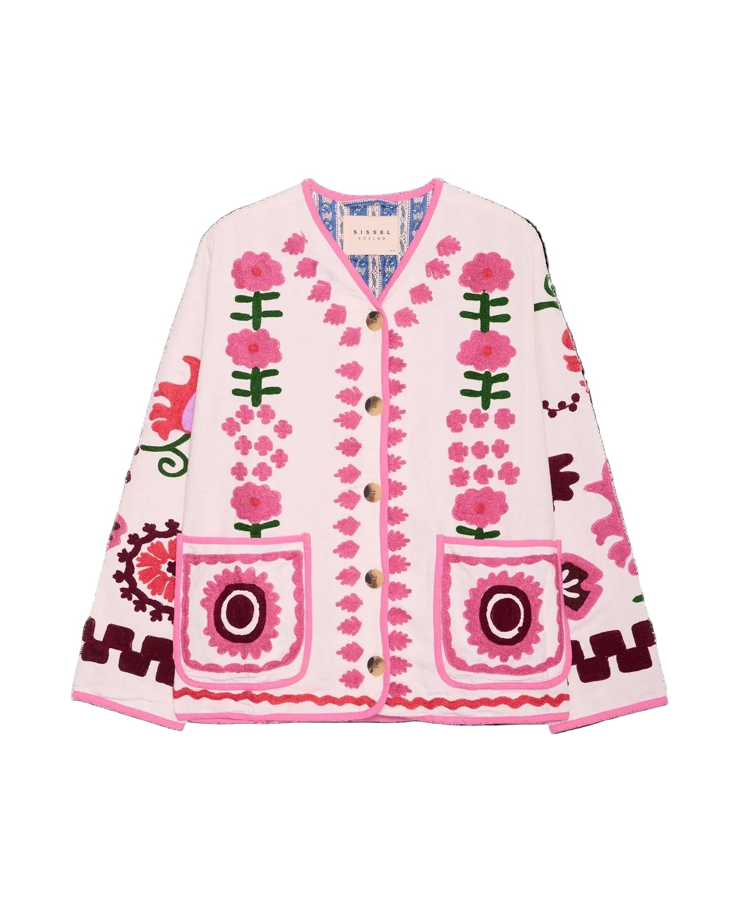 Embroidered pink cardigan with floral patterns on a black background