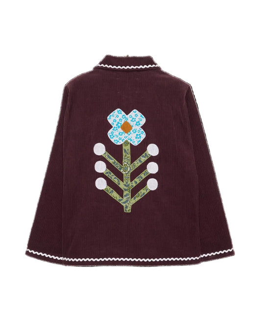 Brown jacket with a colorful flower design on the back against a white background