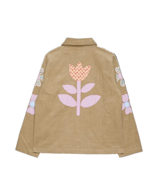 Brown jacket with floral designs on a black background