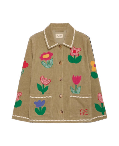 Beige jacket with floral embroidery on a black background