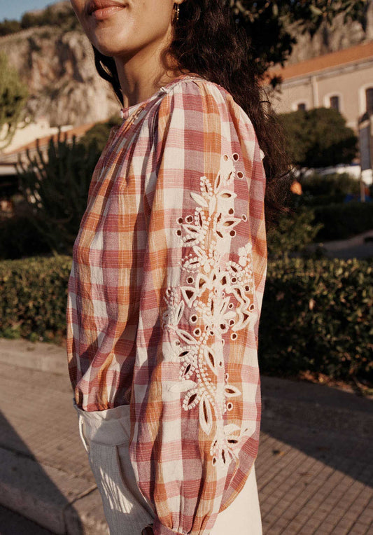 Blouse S0136 Jeanne Cream-Sunset-Checks