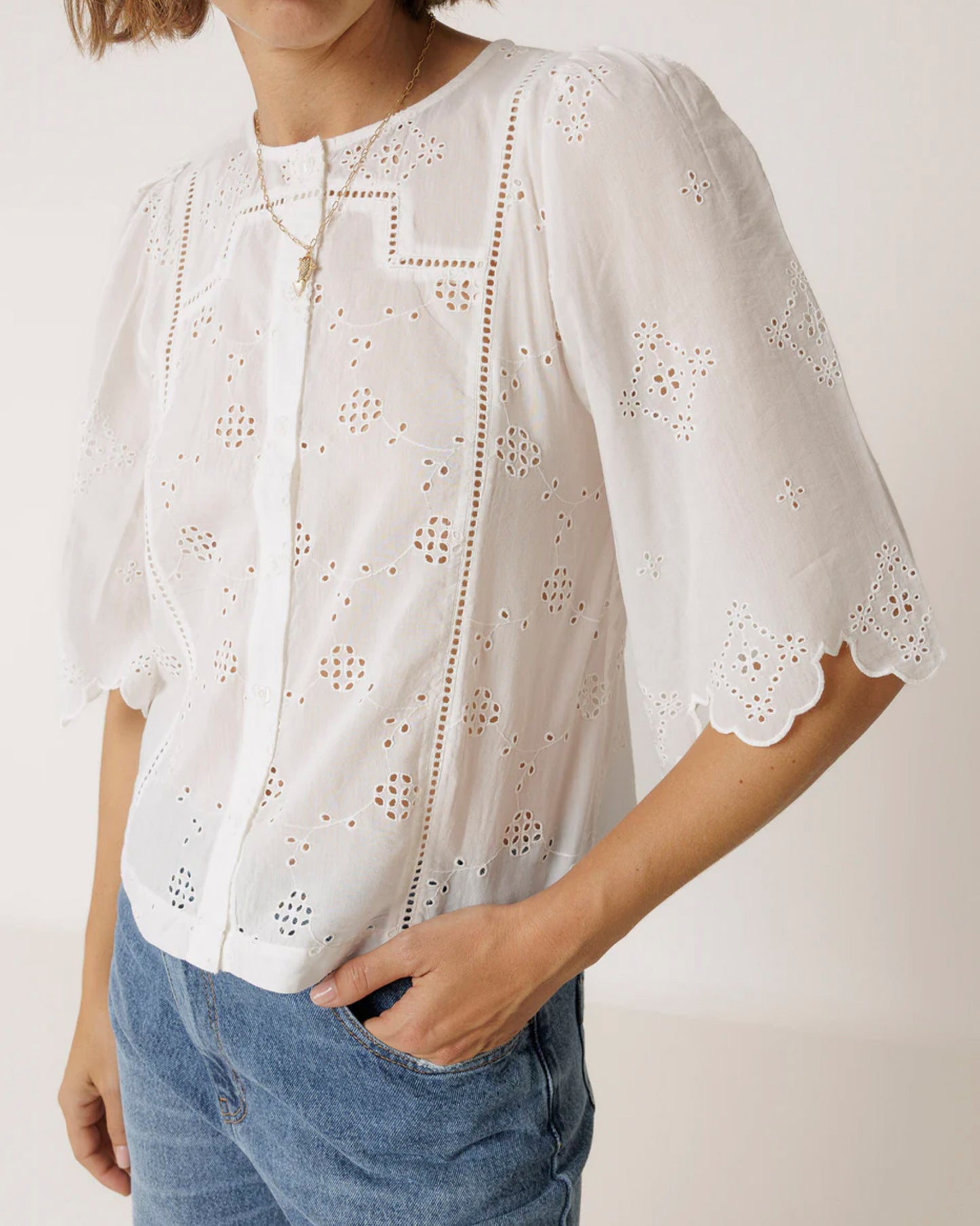 INDI&COLD | Boxy Schiffli Embroidered Blouse - Scalloped Sleeve