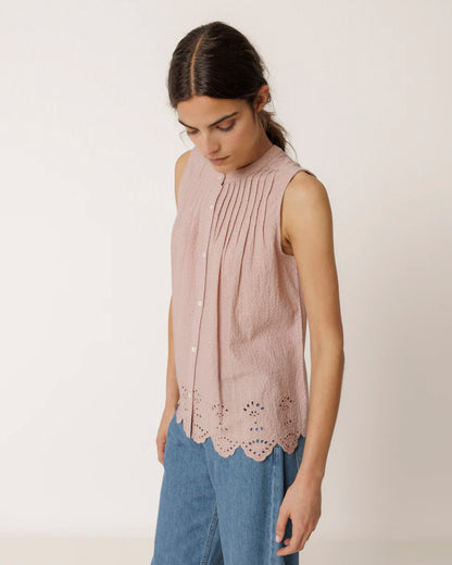 INDI&COLD | Rocio Embroidered Pleated Blouse - Cotton Dobby & Slub Knit