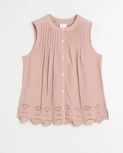INDI&COLD | Rocio Embroidered Pleated Blouse - Cotton Dobby & Slub Knit
