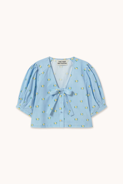 THE TINY BIG SISTER | Blouse Flowers Bow Blou - Crisp Cotton with Puffy Sleeves