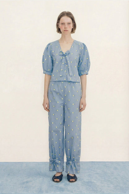 THE TINY BIG SISTER | Blouse Flowers Bow Blou - Crisp Cotton with Puffy Sleeves