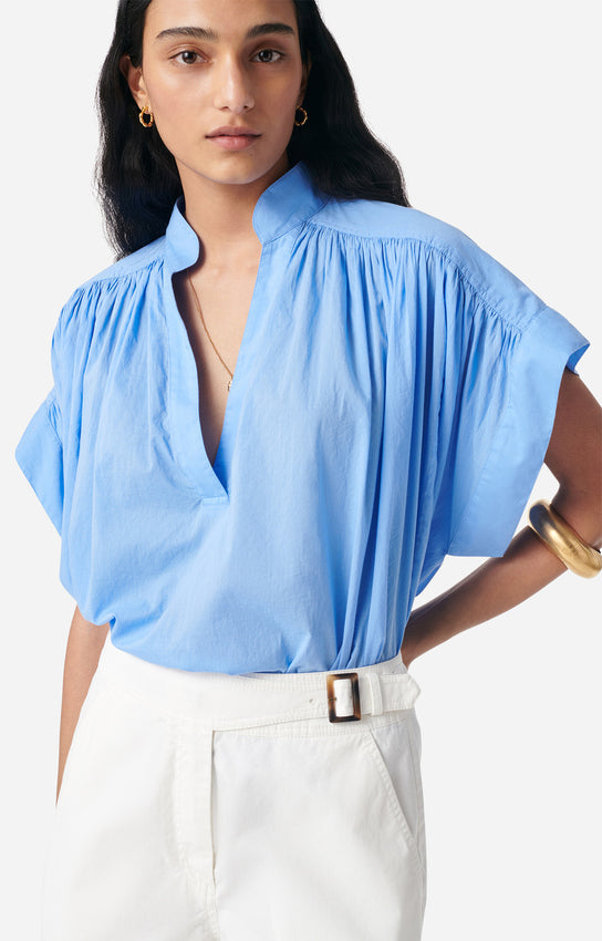 Vanessa Bruno | Ruched Shoulder Cotton Voile Blouse - Bleuet