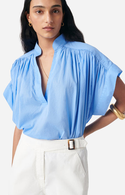 Vanessa Bruno | Ruched Shoulder Cotton Voile Blouse - Bleuet