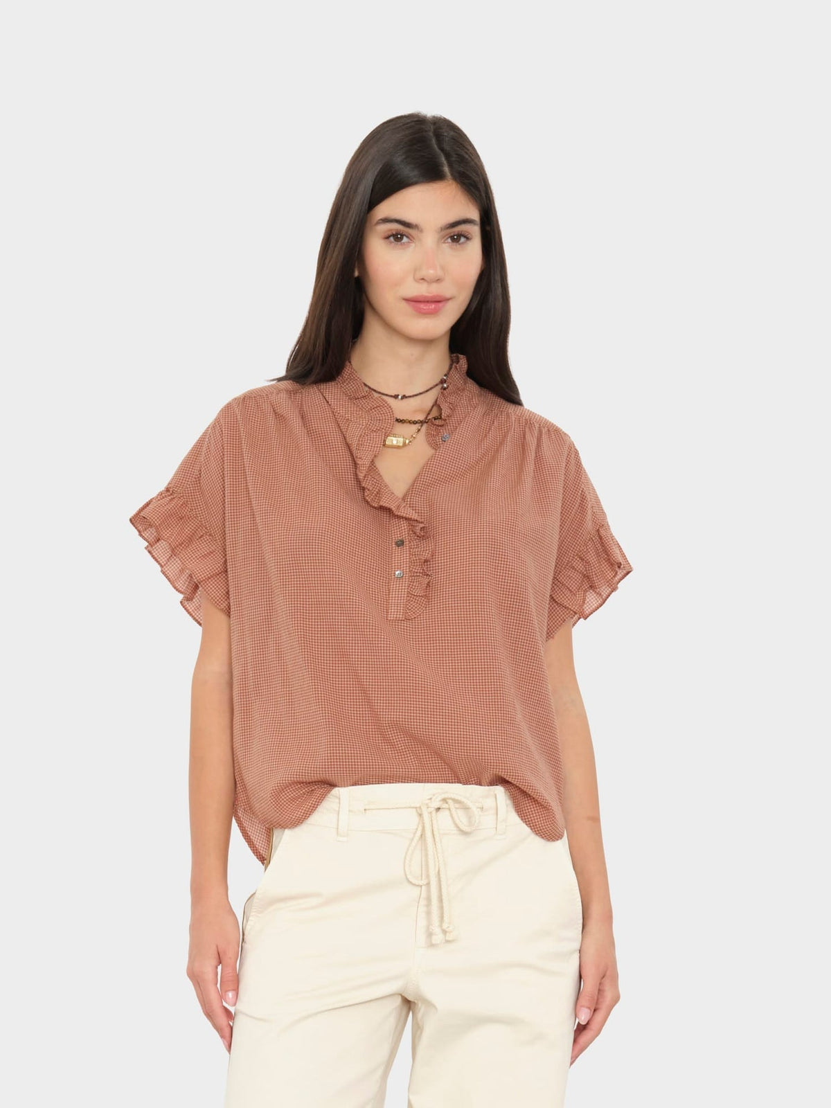 Xirena | Brie Ruffle Popover Top - Gingham Ginger-Brown
