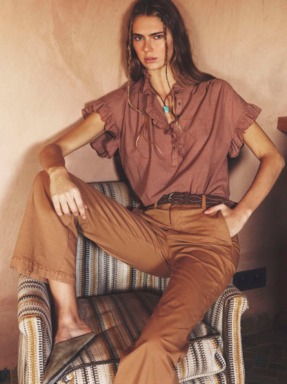 Xirena | Brie Ruffle Popover Top - Gingham Ginger-Brown