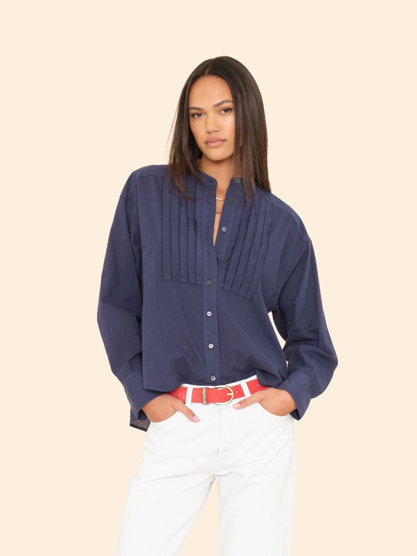 XIRENA | Miranda Shirt in  - Cotton Poplin with Pintucks Navy
