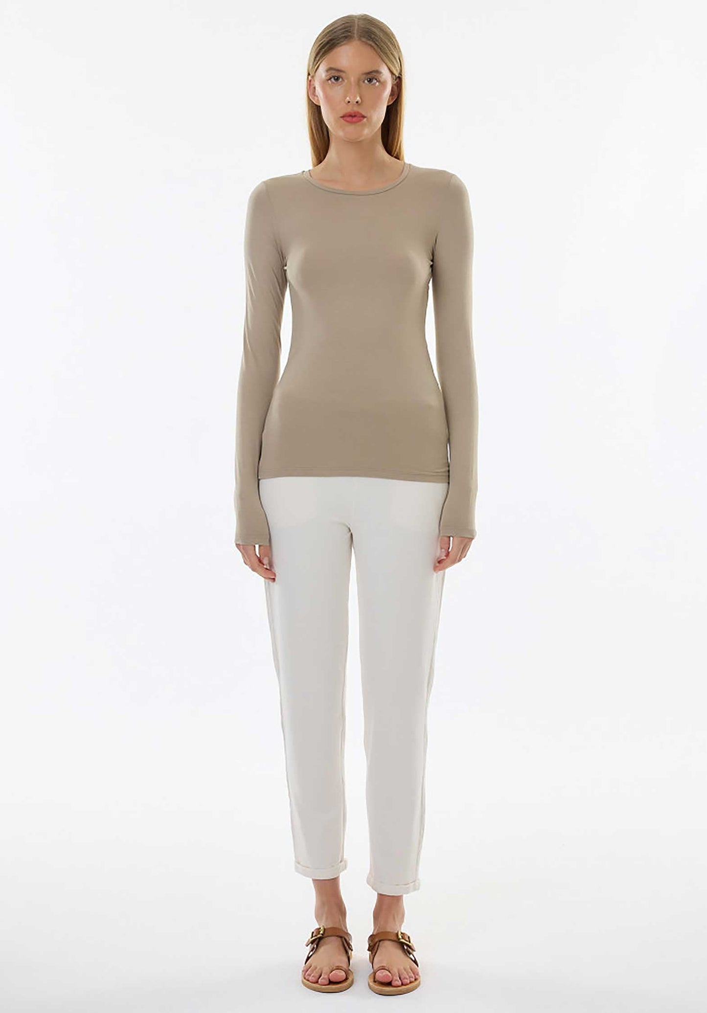 Majestic | Fitted Cotton-Cashmere Long Sleeve Tee - Grege