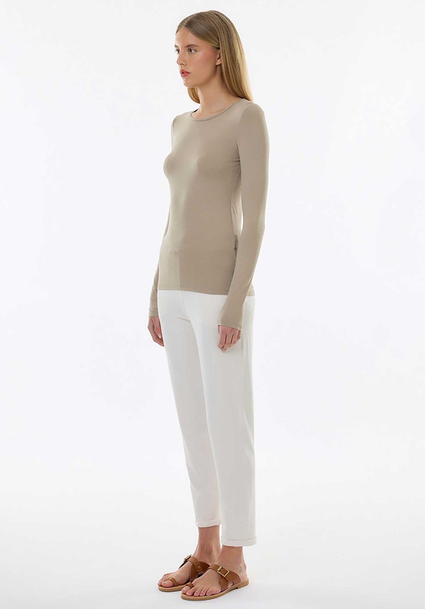 Majestic | Fitted Cotton-Cashmere Long Sleeve Tee - Grege