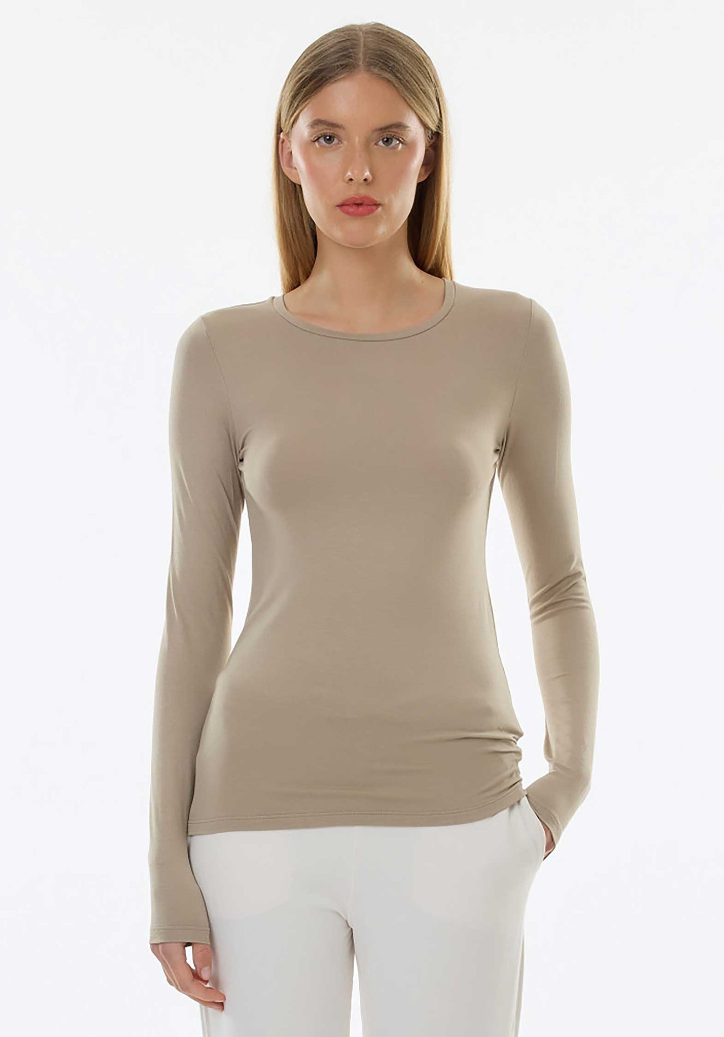 Majestic | Fitted Cotton-Cashmere Long Sleeve Tee - Grege