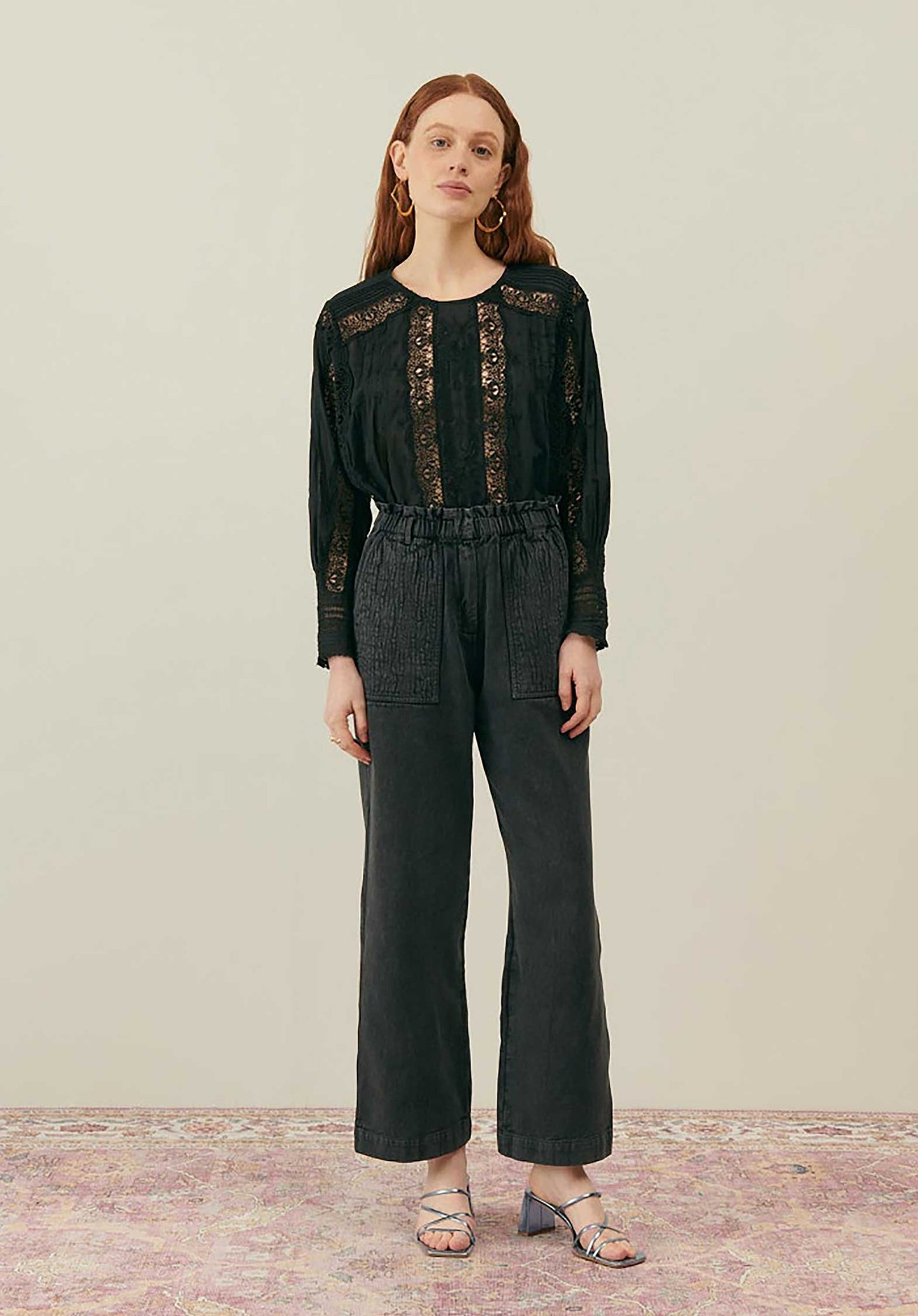 LOUISE MISHA | Jeannine Black Cotton Voile Blouse - Lace & Pleat Detail