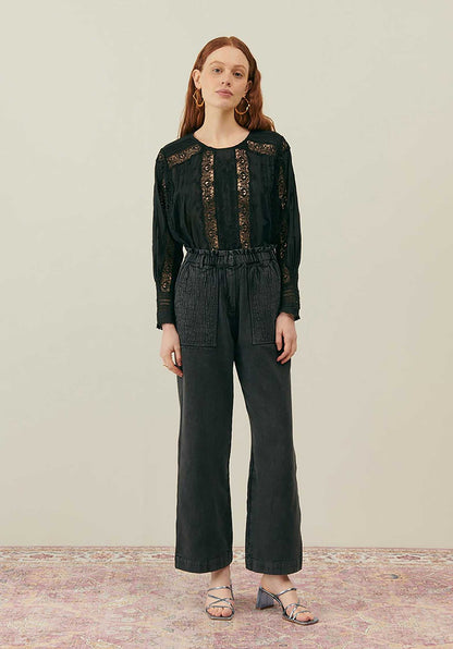 LOUISE MISHA | Jeannine Black Cotton Voile Blouse - Lace & Pleat Detail