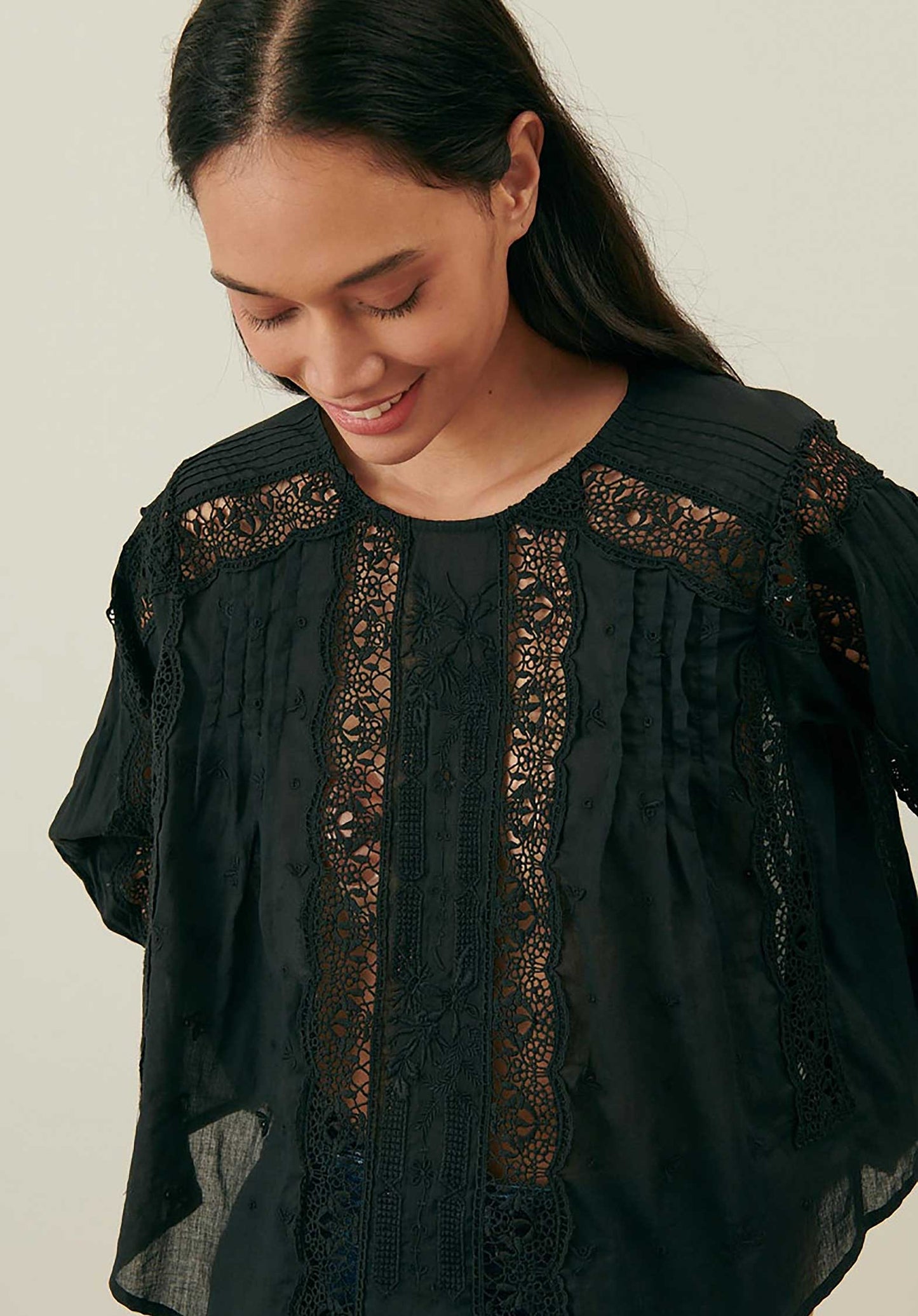 LOUISE MISHA | Jeannine Black Cotton Voile Blouse - Lace & Pleat Detail