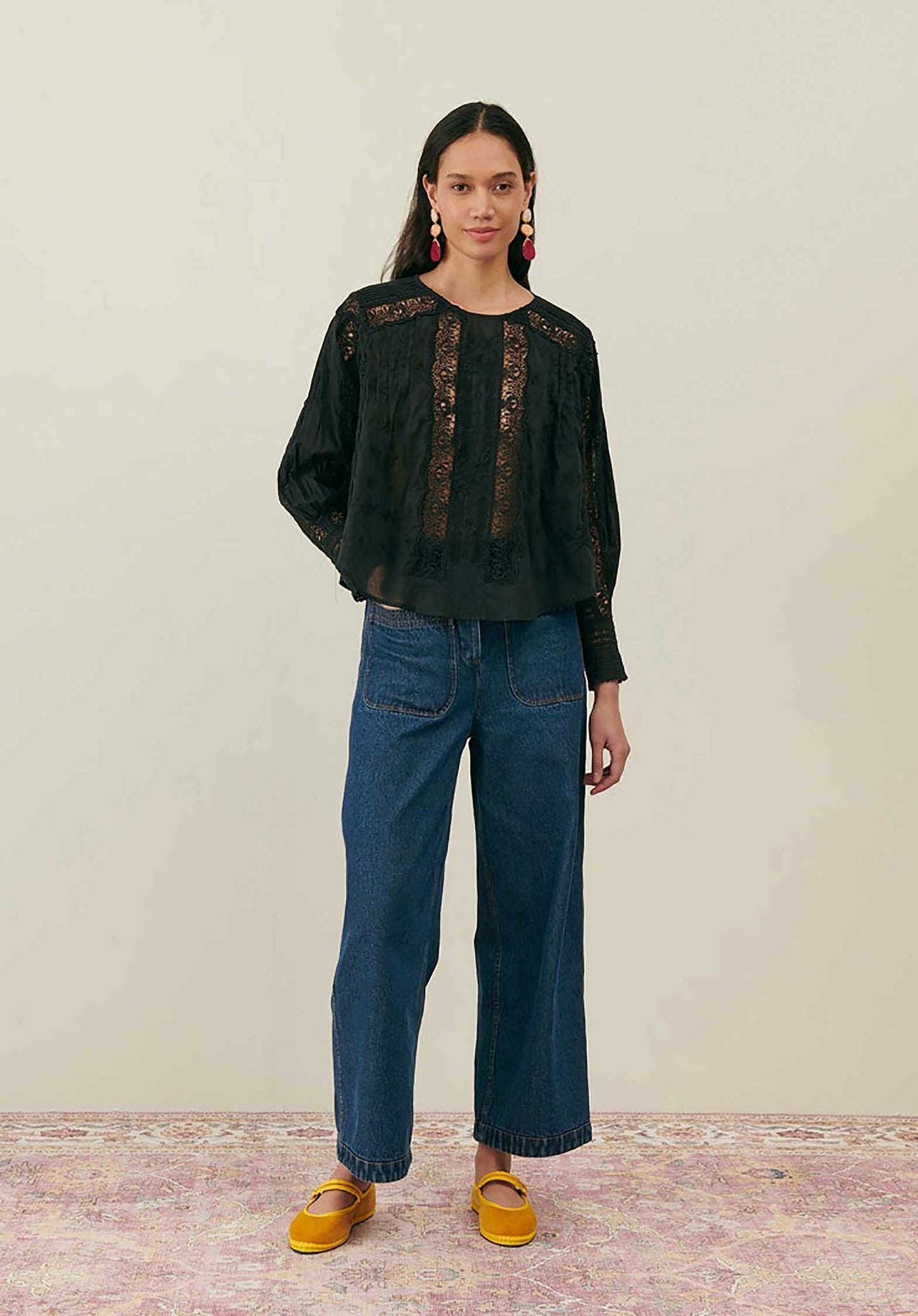 LOUISE MISHA | Jeannine Black Cotton Voile Blouse - Lace & Pleat Detail
