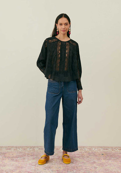 LOUISE MISHA | Jeannine Black Cotton Voile Blouse - Lace & Pleat Detail