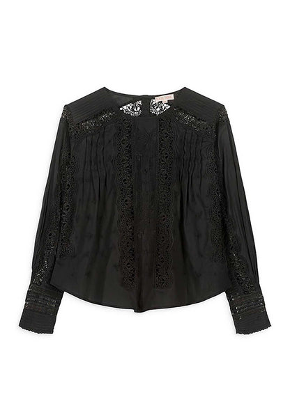 LOUISE MISHA | Jeannine Black Cotton Voile Blouse - Lace & Pleat Detail